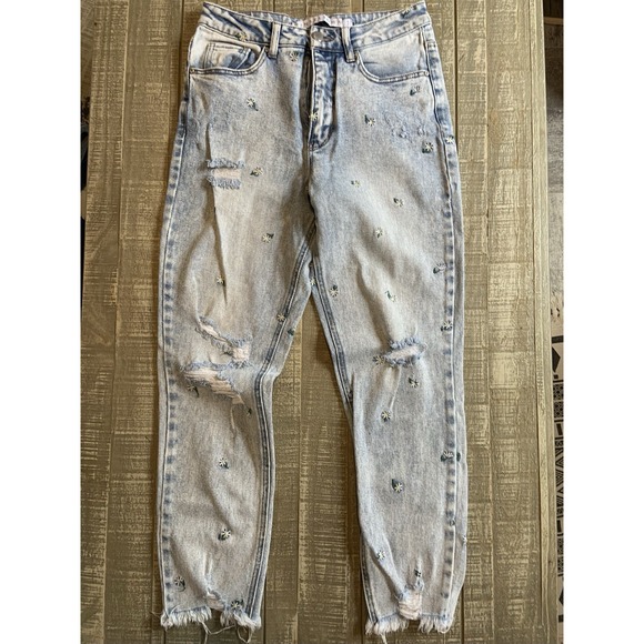 Tinseltown Embroidered flower Jeans Size 7 Mid Rise Women's Denim Fringe Hem - Picture 1 of 6